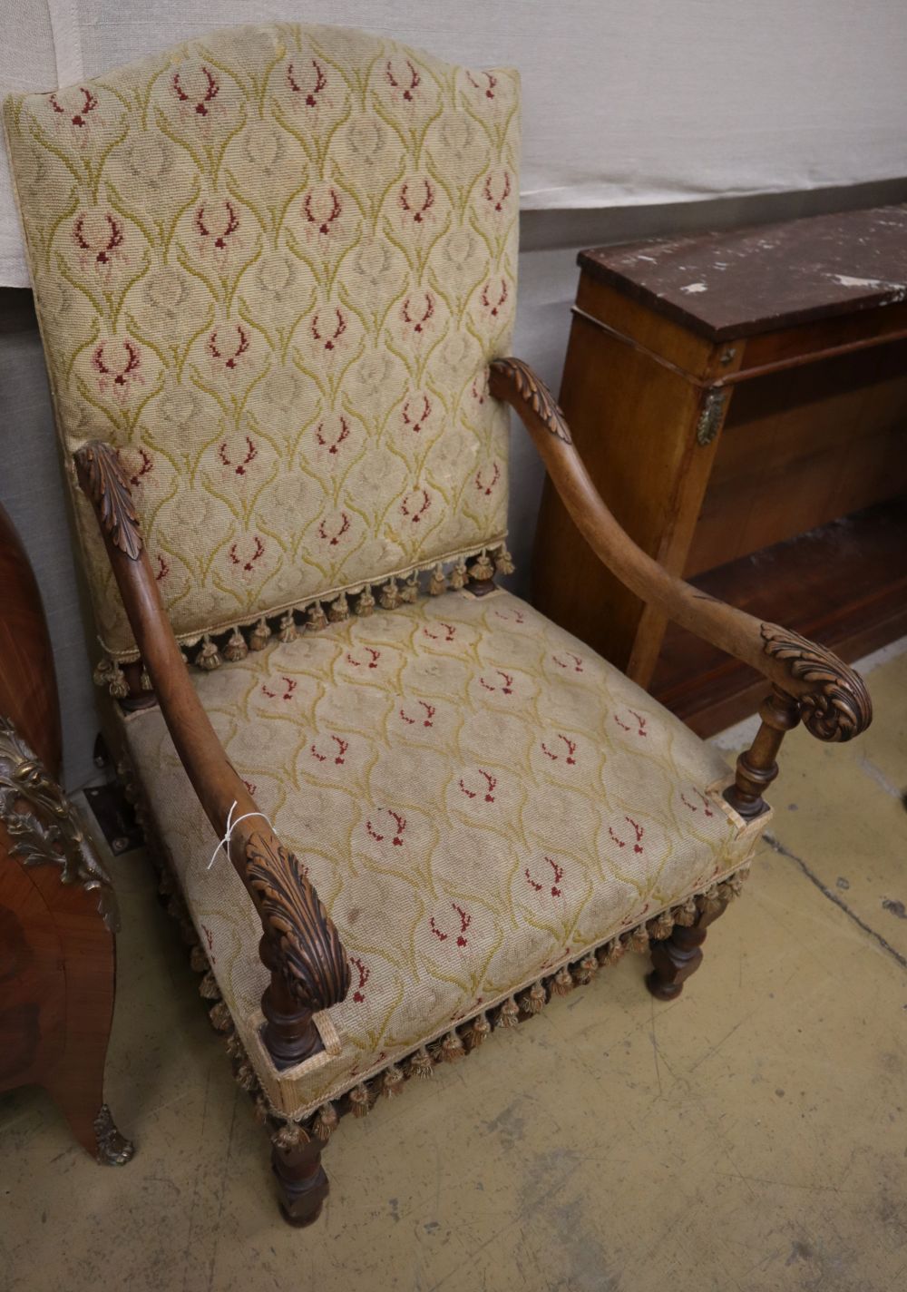 A pair of walnut tapestry Louis XIII style armchairs, W.58cm, D.60cm, H.110cm